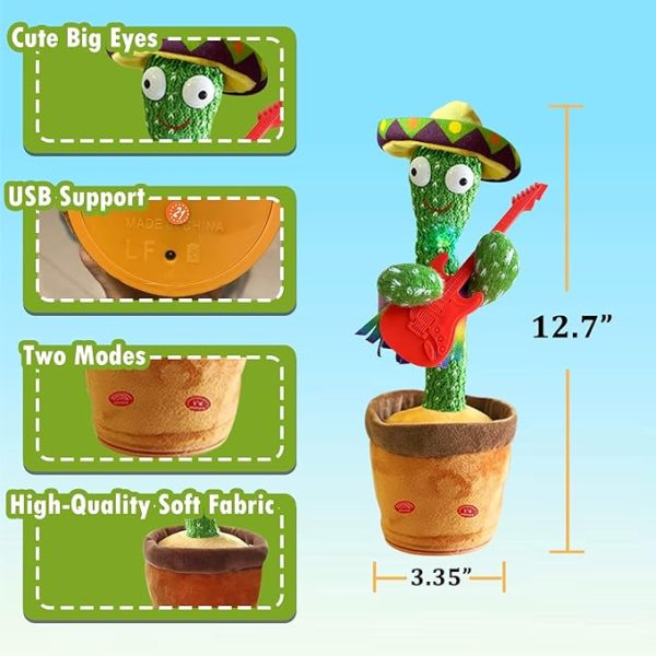Dancing Talking Cactus Toys, Talking Sunny Cactus Toy Electronic Plush Toy Singing, Record & Repeating What You Say with 120 English Songs and LED Lighting for Home Decor (Guitar)