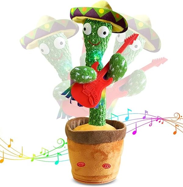 Dancing Talking Cactus Toys, Talking Sunny Cactus Toy Electronic Plush Toy Singing, Record & Repeating What You Say with 120 English Songs and LED Lighting for Home Decor (Guitar)