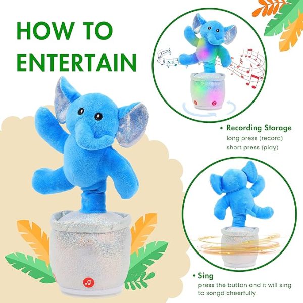 Hopearl Dancing Elephant Toy Repeats What You Say Talking Chasing Elephish Toy Wriggle Singing Mimicking Twisting Interactive Animated Toy Bump and Go Speaking Gift for Toddlers, 13''